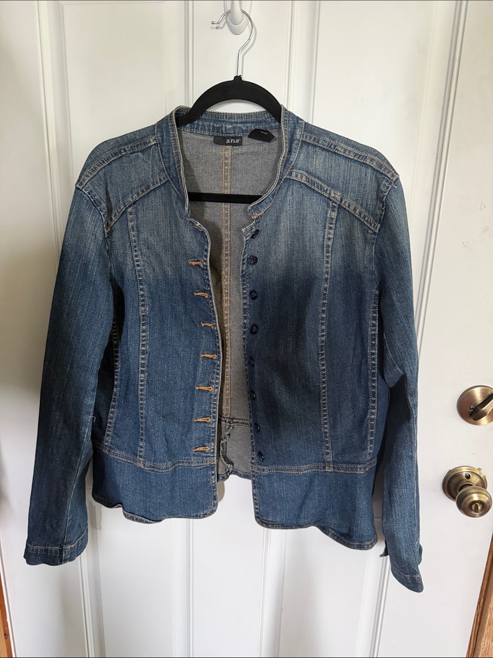 a.n.a Women's Distressed Blue Denim Collarless Jean Jacket